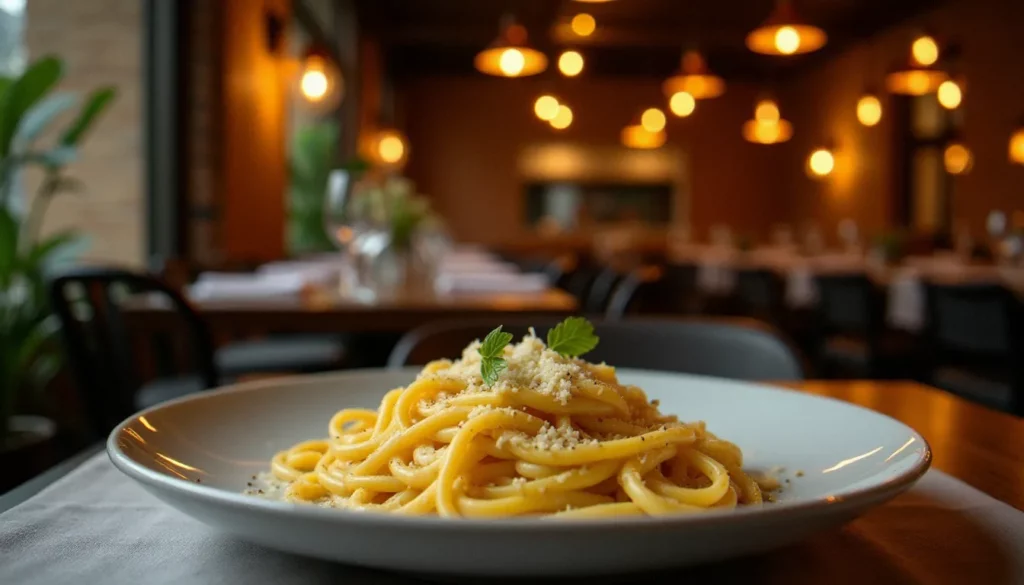 Salle chaleureuse du restaurant Francesca à Beauvais avec luminaires cuivrés, nappes blanches et assiette de pâtes fraîches en premier plan — photos représentatives de l'ambiance italienne de l'établissement
