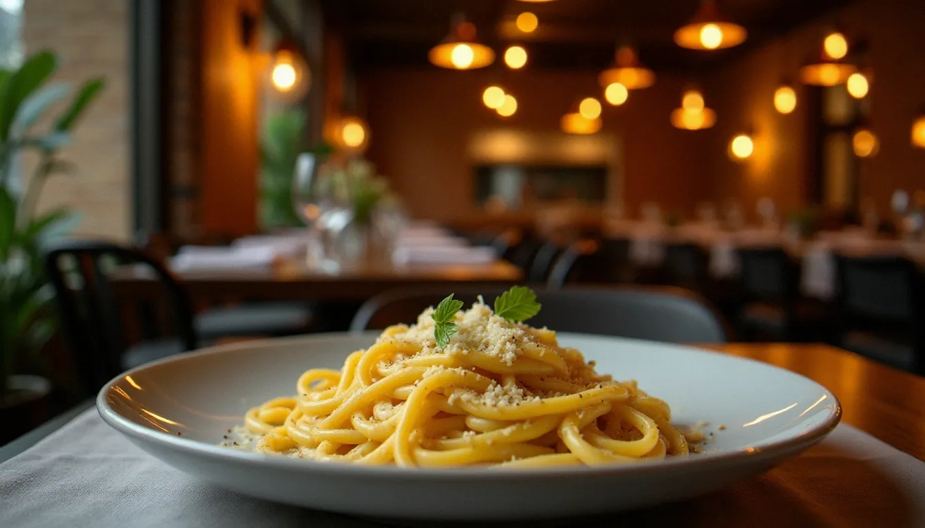 Salle chaleureuse du restaurant Francesca à Beauvais avec luminaires cuivrés, nappes blanches et assiette de pâtes fraîches en premier plan — photos représentatives de l'ambiance italienne de l'établissement