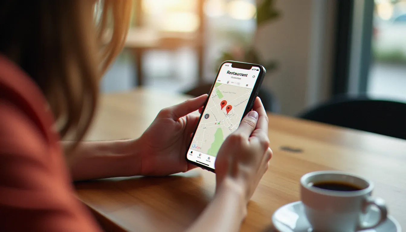 Personne recherchant un restaurant Guide du Routard autour d'elle sur son smartphone, attablée dans un café en pleine lumière naturelle