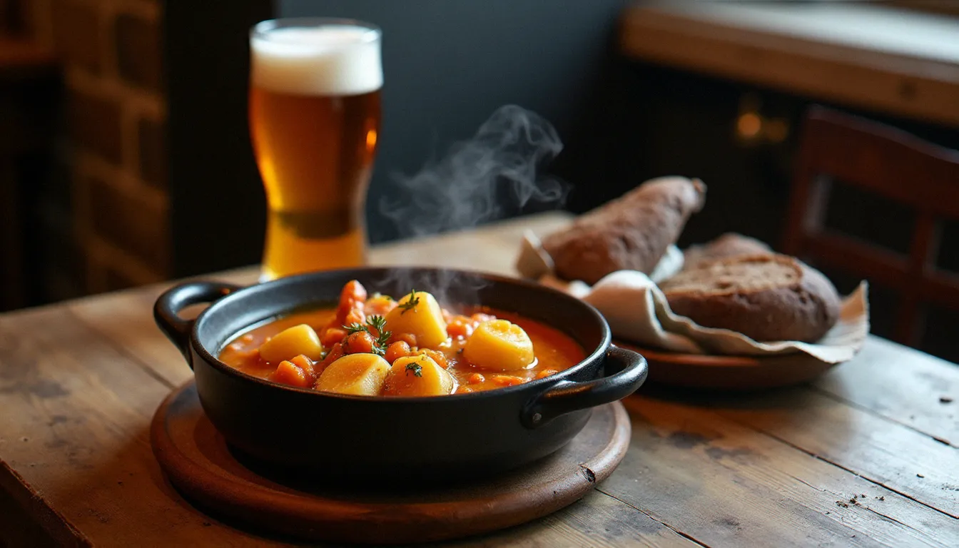 Assiette de carbonade flamande fumante servie dans un bistrot nordiste authentique, incarnant l'esprit du Guide du Routard pour une cuisine de terroir généreuse