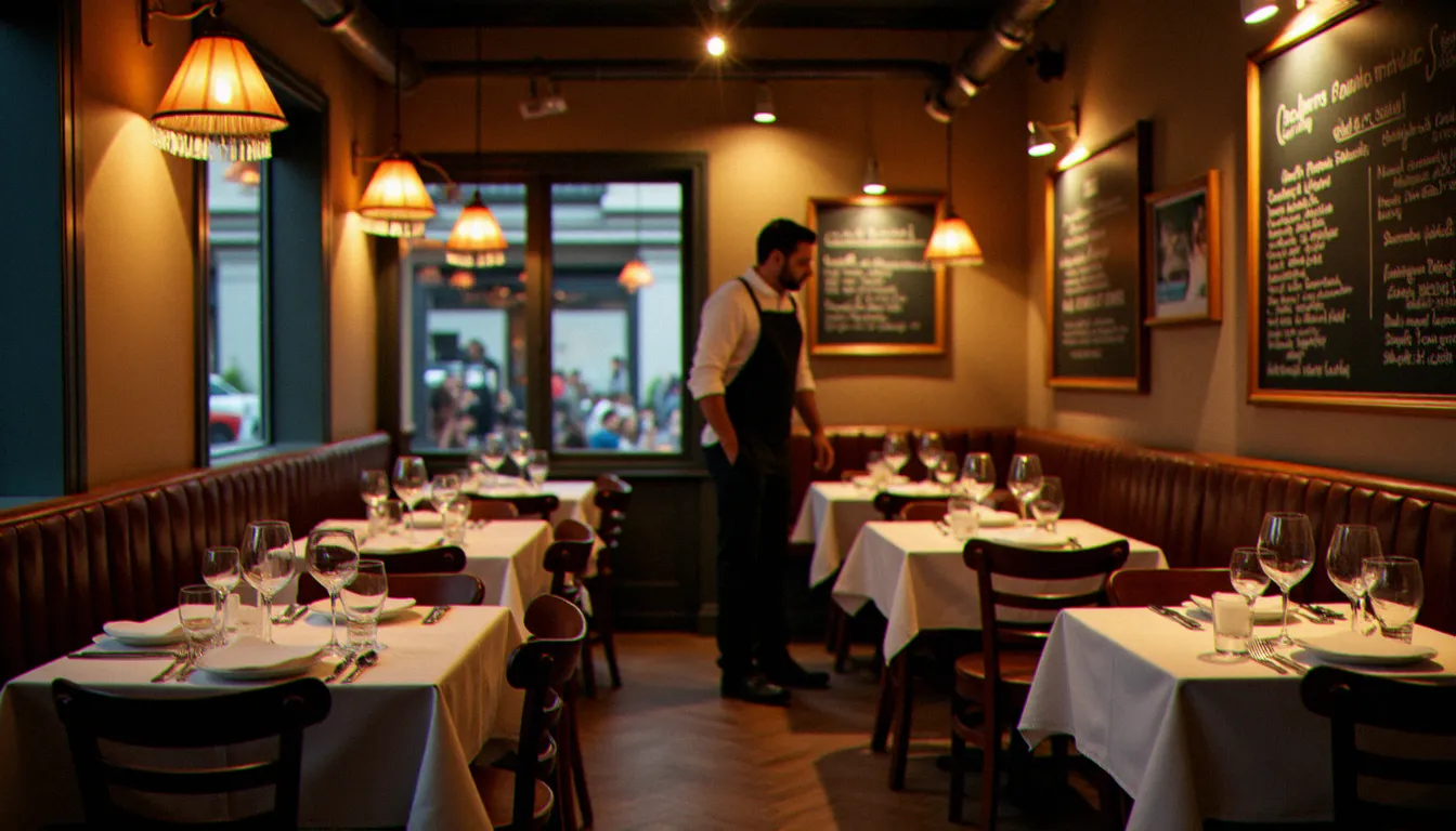Intérieur chaleureux d'un restaurant bistrot de quartier en soirée, illustrant l'ambiance conviviale d'une adresse Guide du Routard autour de soi