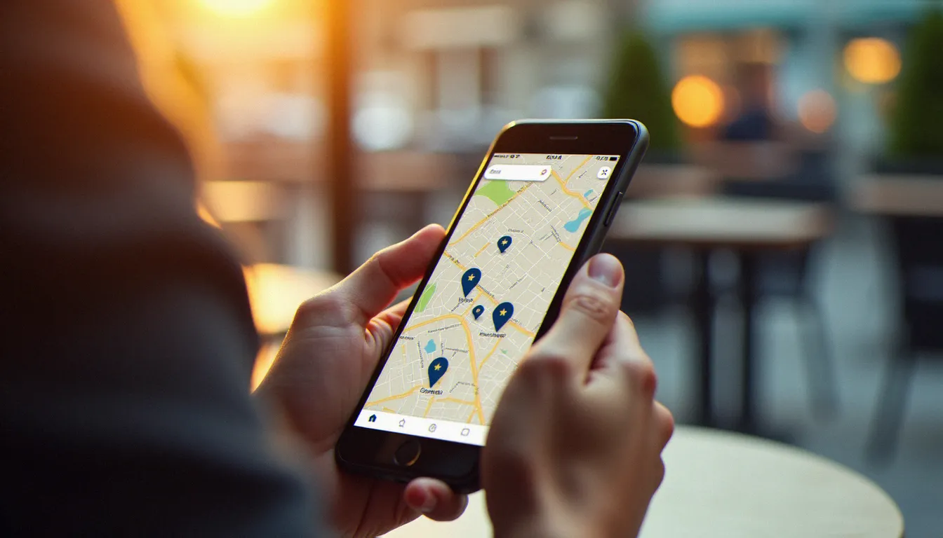Mains tenant un smartphone affichant une carte de restaurants étoilés Guide Michelin à proximité, illustration de la recherche d'un restaurant guide Michelin autour de soi