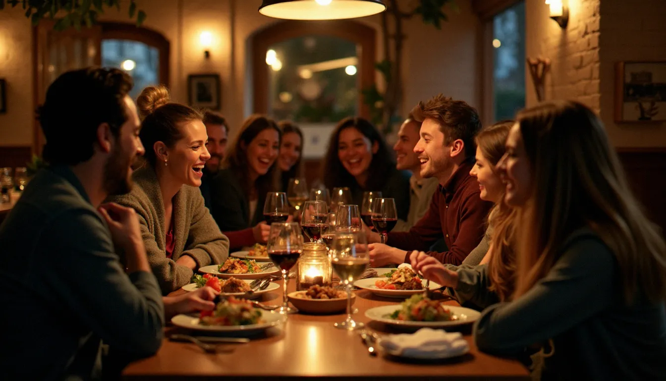 Tablée conviviale dans un bistrot français chaleureux, amis autour d'un repas avec vin et plats du terroir, ambiance Bib Gourmand détendue et gourmande