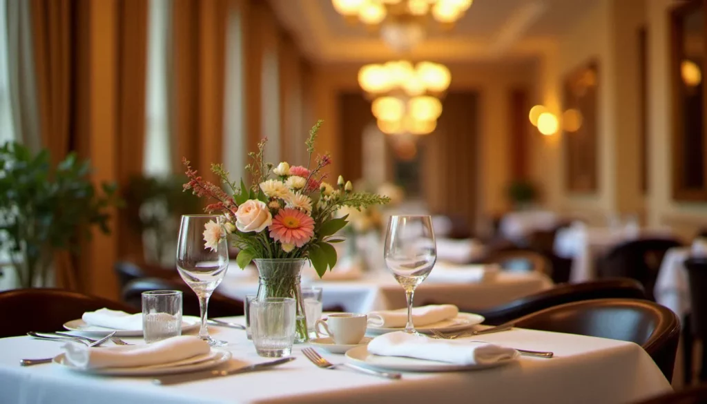 Salle de restaurant gastronomique française éclairée chaleureusement, avec des tables dressées pour un repas guide Michelin, nappes blanches et verrerie fine