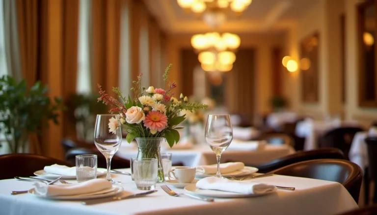 Salle de restaurant gastronomique française éclairée chaleureusement, avec des tables dressées pour un repas guide Michelin, nappes blanches et verrerie fine