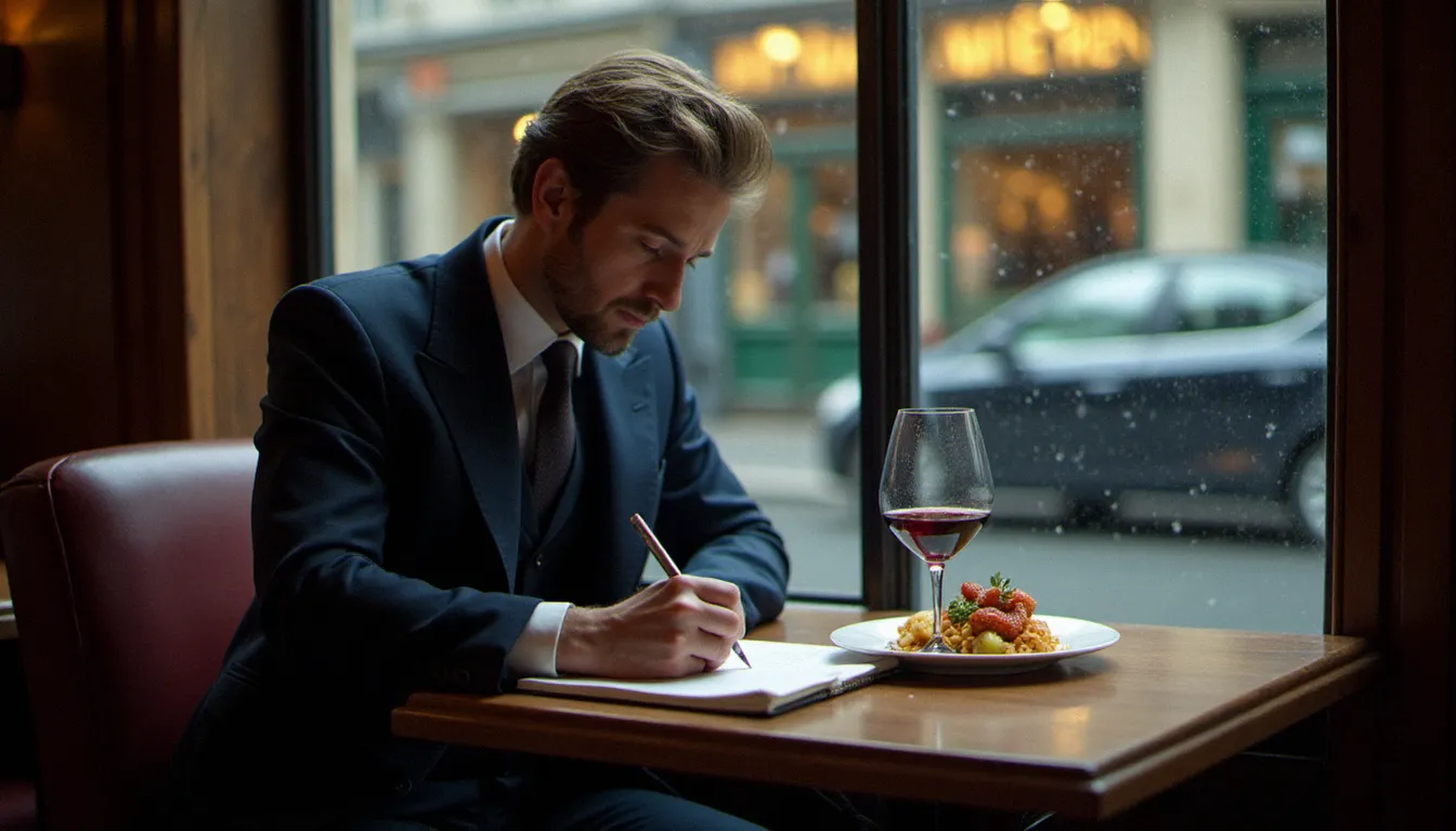 Inspecteur du Guide Michelin prenant des notes dans un carnet dans un bistrot parisien, assiette gastronomique et verre de vin devant lui, rue pavée visible en arrière-plan