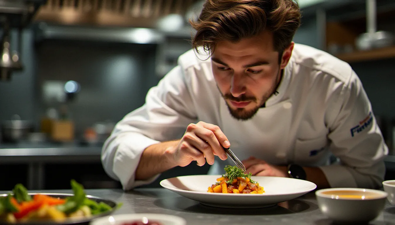 Jeune chef parisien en veste blanche dressant une assiette gastronomique avec des pinces dans une cuisine ouverte moderne, illustrant la rigueur des restaurants du guide Michelin Paris