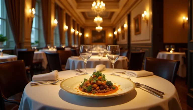Salle d'un restaurant du guide Michelin Paris, nappes blanches et verres en cristal sous un éclairage doré, avec une assiette gastronomique joliment dressée au premier plan