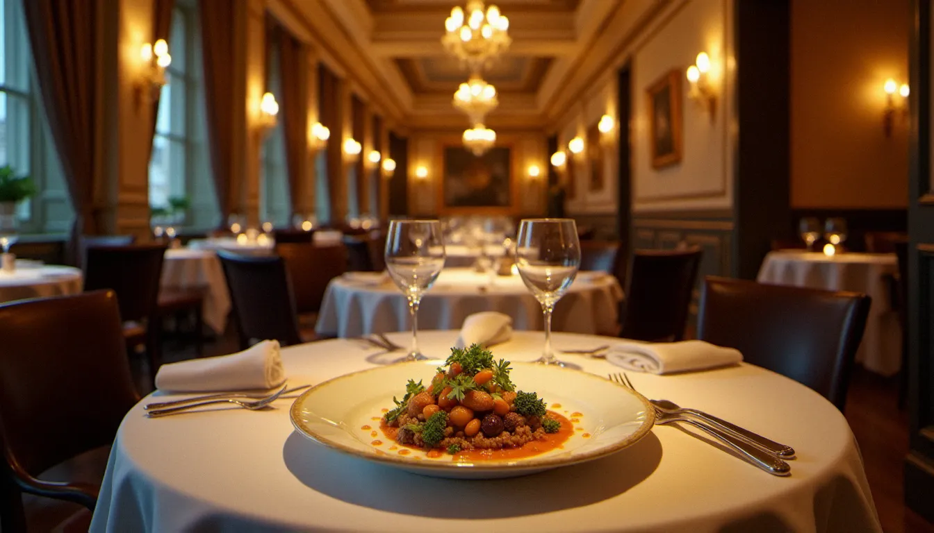 Salle d'un restaurant du guide Michelin Paris, nappes blanches et verres en cristal sous un éclairage doré, avec une assiette gastronomique joliment dressée au premier plan