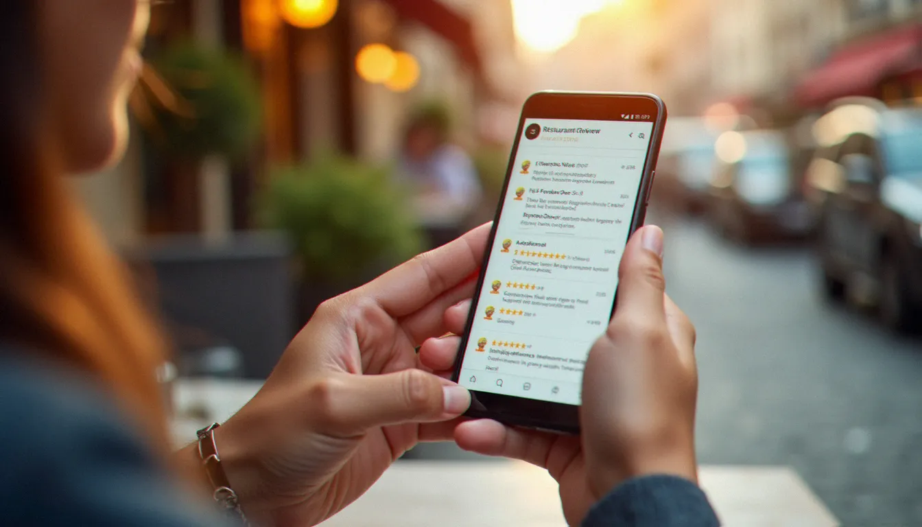 Mains tenant un smartphone affichant des avis de restaurant sur une terrasse parisienne — illustration de la lecture critique des avis en ligne avant de choisir un restaurant meilleur