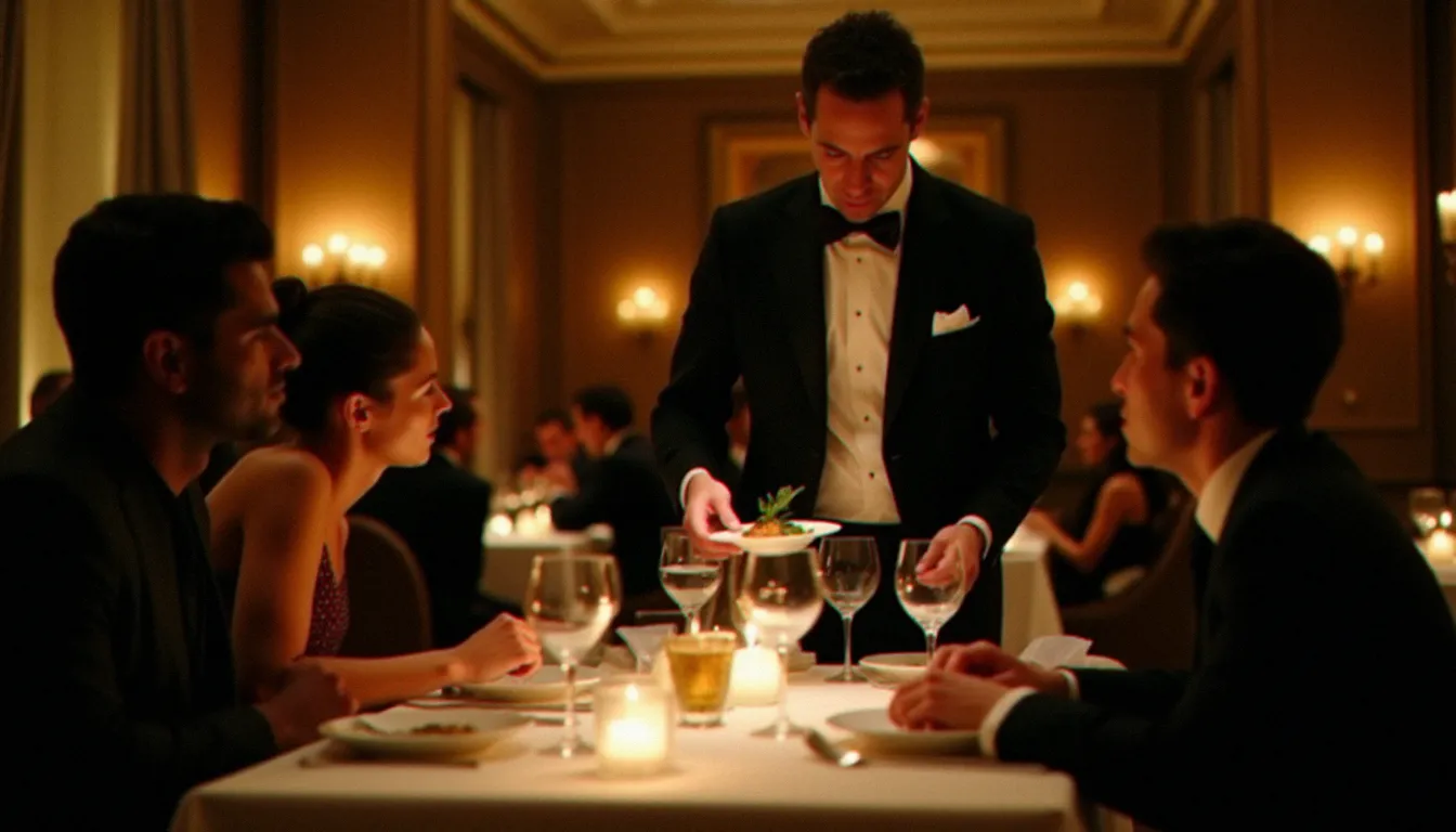 Salle d'un grand restaurant étoilé lors du service du soir, maître d'hôtel présentant un plat aux convives à la lueur des bougies
