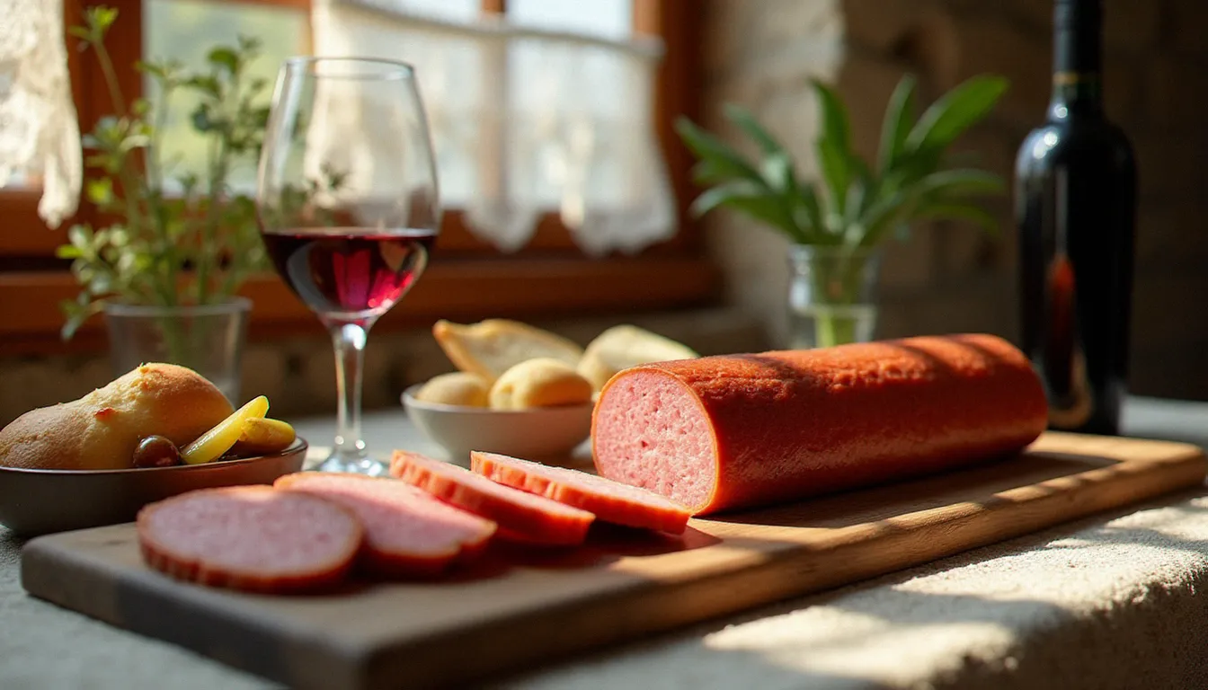 Table de bistrot français authentique avec terrine de campagne, pain frais et verre de vin rouge dans une salle conviviale à la lumière naturelle
