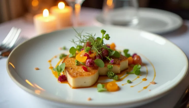 Assiette gastronomique d'exception dans un restaurant meilleur du monde, dressage précis avec herbes fraîches et sauce dorée sur nappe blanche