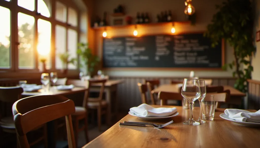 Salle de bistrot français chaleureuse avec tables en bois, éclairage tamisé et ardoise murale — ambiance idéale pour trouver le meilleur restaurant de quartier