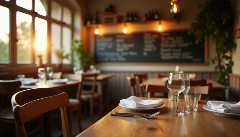 Salle de bistrot français chaleureuse avec tables en bois, éclairage tamisé et ardoise murale — ambiance idéale pour trouver le meilleur restaurant de quartier