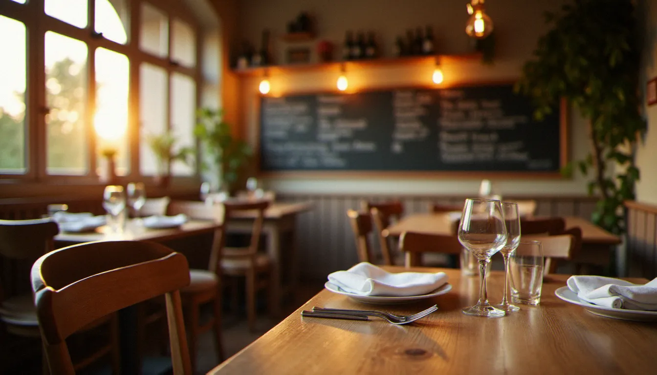 Salle de bistrot français chaleureuse avec tables en bois, éclairage tamisé et ardoise murale — ambiance idéale pour trouver le meilleur restaurant de quartier