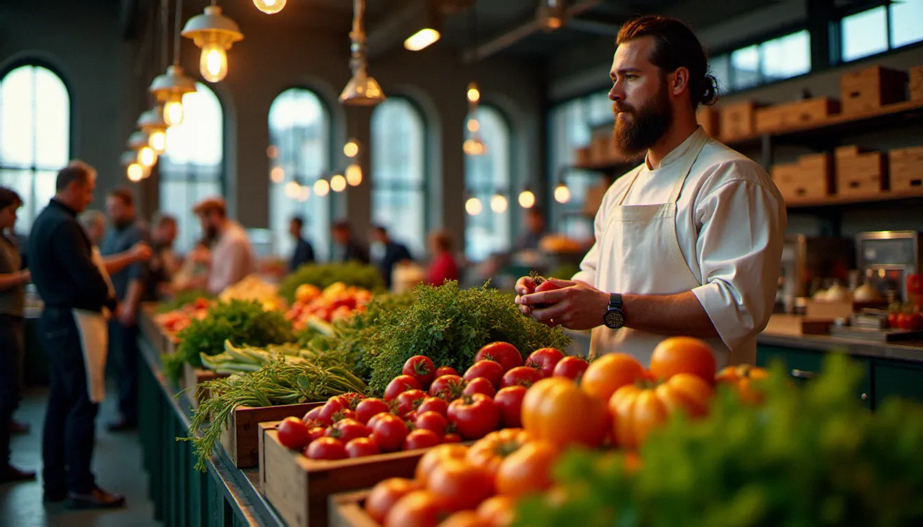 Chef d'un comptoir du marché Jean-Talon à Montréal préparant des plats avec des légumes locaux de saison, lumière naturelle chaude et ambiance de marché couvert