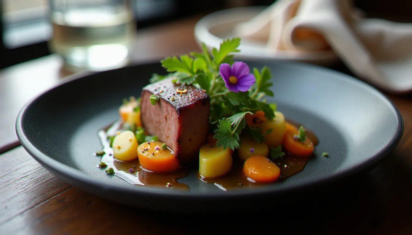 Assiette gastronomique québécoise soigneusement dressée sur ardoise noire, illustrant les critères de qualité d'un restaurant à Montréal