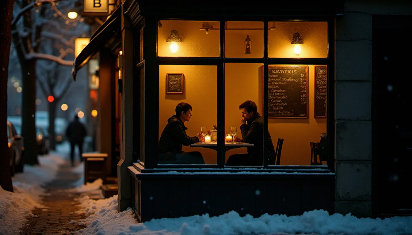 Bistrot de quartier montréalais vu depuis la rue enneigée la nuit, lumière chaude filtrant à travers la vitre embuée sur une scène de dîner intime aux chandelles