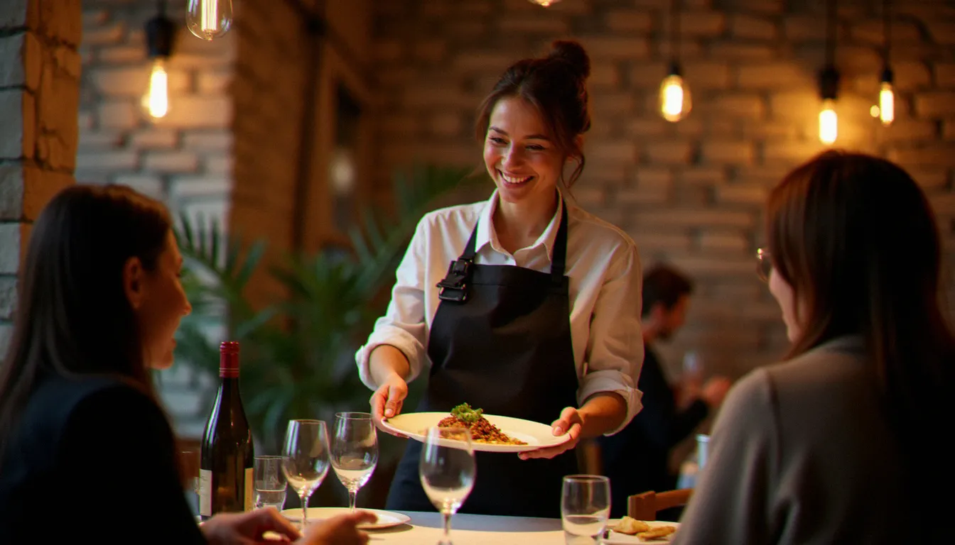 Serveur souriant dans un restaurant du Vieux-Montréal présentant un plat à des convives, illustrant la qualité de l'accueil dans les meilleures adresses montréalaises