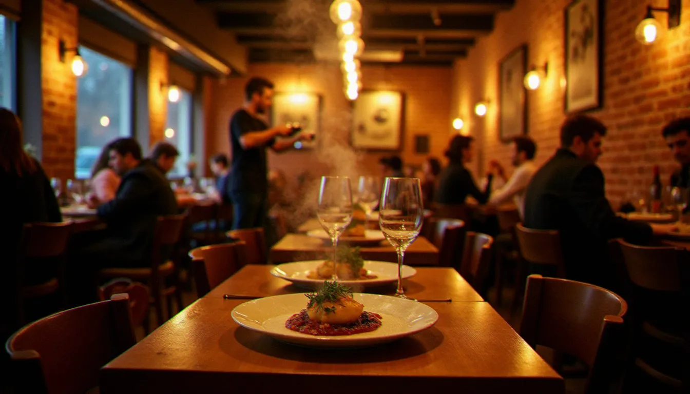 Salle animée d'un restaurant meilleur Montréal lors d'un service du soir, tables en bois, murs en briques apparentes et assiettes généreuses sous une lumière chaude