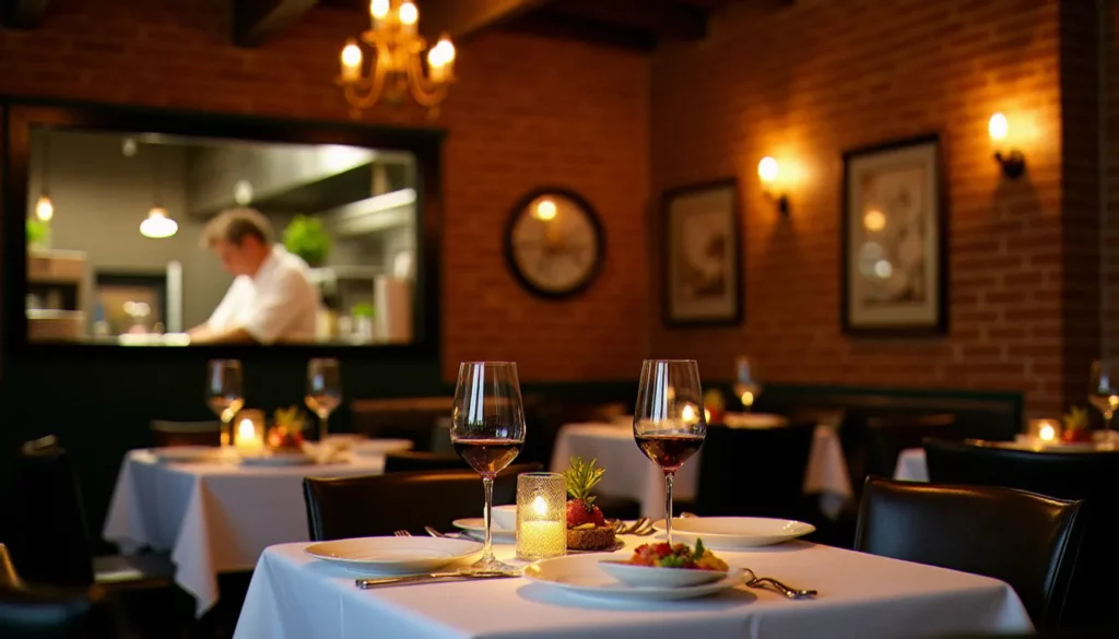 Salle d'un restaurant meilleur Montréal avec ambiance chaleureuse, tables dressées et chef en cuisine visible en arrière-plan