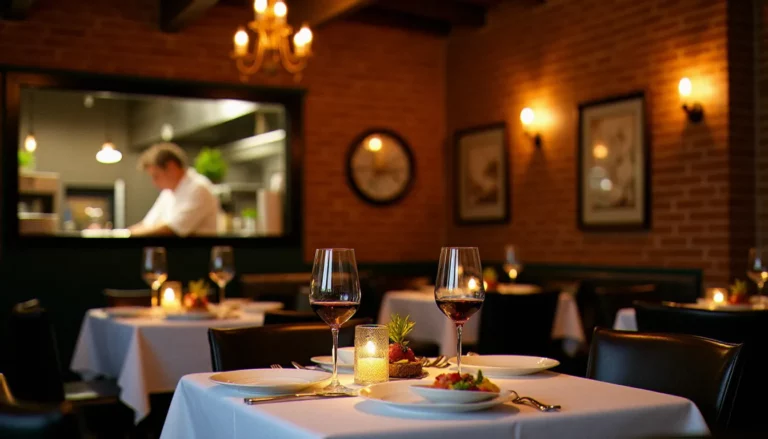 Salle d'un restaurant meilleur Montréal avec ambiance chaleureuse, tables dressées et chef en cuisine visible en arrière-plan