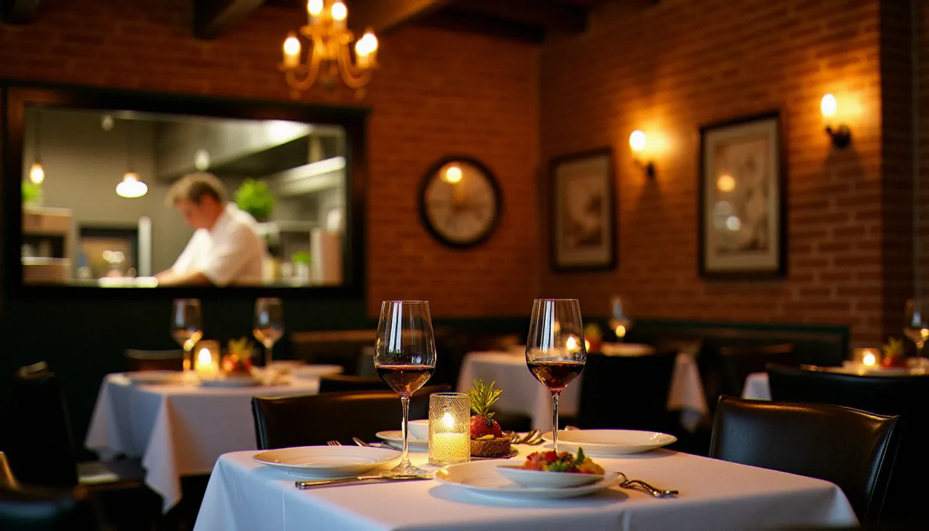 Salle d'un restaurant meilleur Montréal avec ambiance chaleureuse, tables dressées et chef en cuisine visible en arrière-plan