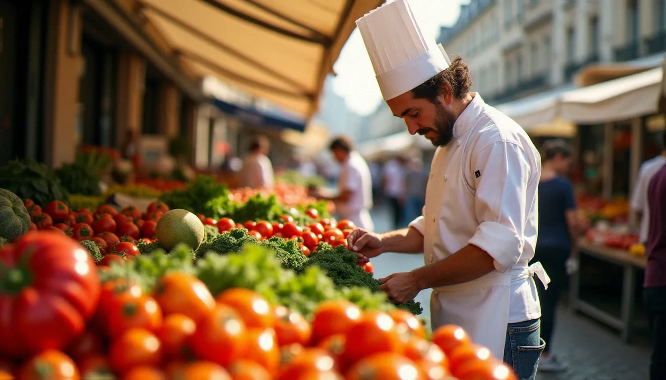 Chef parisien choisissant des légumes frais sur un marché de plein air, illustrant l'importance du produit de saison dans la cuisine de bistrot