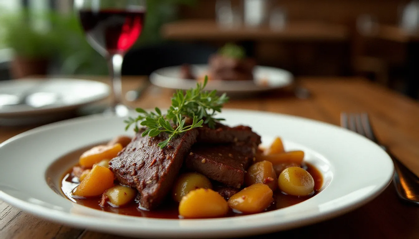 Assiette de bœuf braisé aux légumes racines, dressée dans un bistrot parisien, illustrant la cuisine généreuse et sincère des meilleures tables de Paris