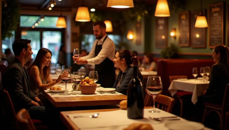 Salle animée d'un bistrot parisien le soir, tables en bois, ardoise au mur et clients savourant un repas — ambiance idéale pour le meilleur restaurant à Paris