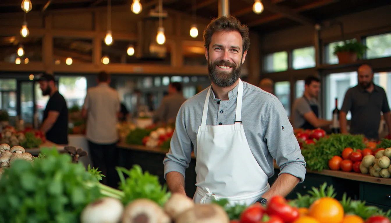 Chef québécois en tablier blanc discutant avec un producteur local au Marché Jean-Talon de Montréal, entouré de légumes frais et de champignons sauvages, incarnant les critères d'un meilleur restaurant Québec