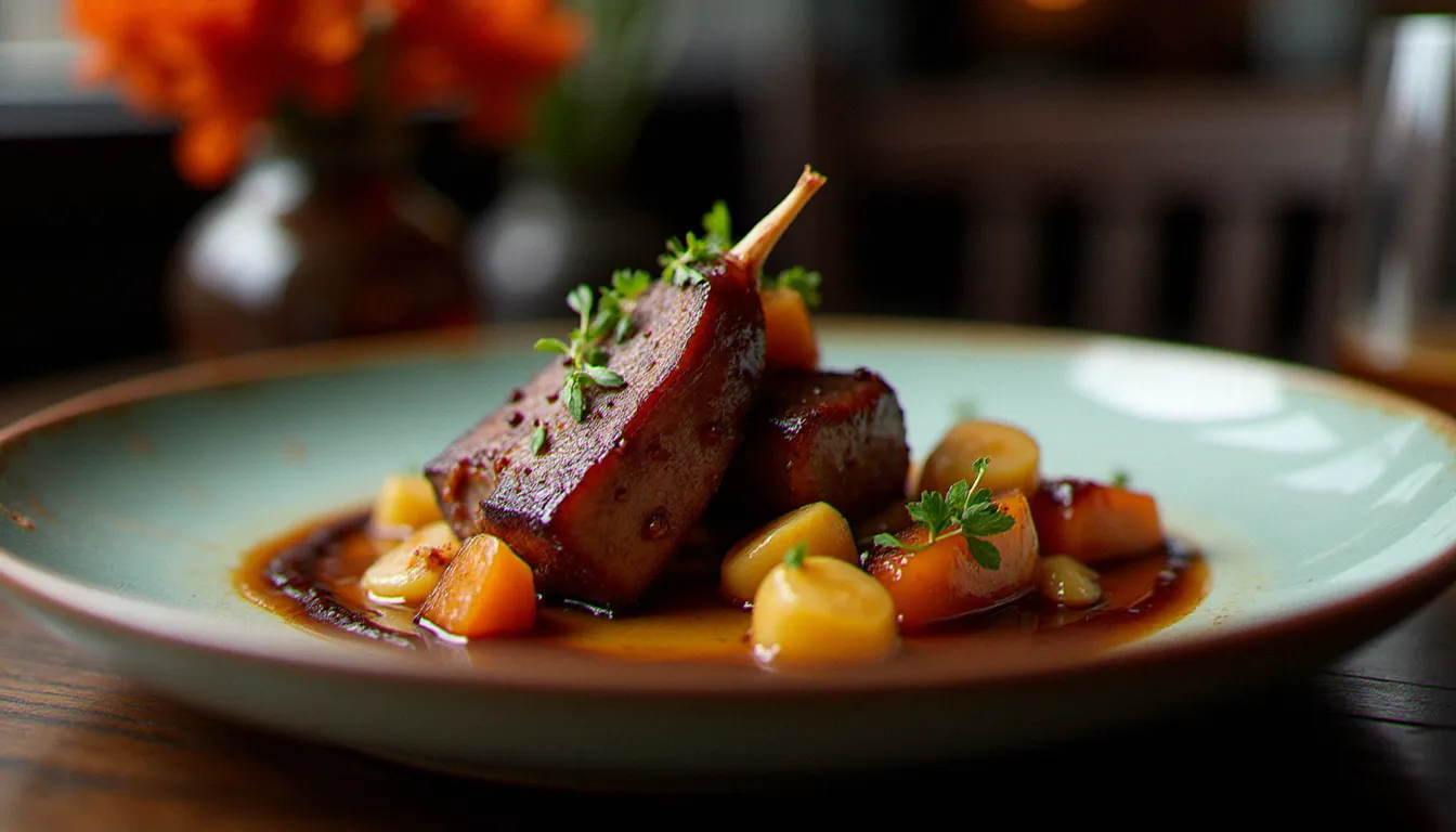 Assiette de confit de canard du lac Brome glacé au sirop d'érable avec légumes racines rôtis, servie dans un bistrot intime de Québec City, illustrant la richesse du terroir des meilleurs restaurants québécois