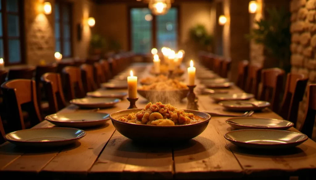 Salle de restaurant québécois aux murs de pierre avec table dressée et tourtière traditionnelle fumante au centre, ambiance chaleureuse et conviviale illustrant le meilleur restaurant du Québec