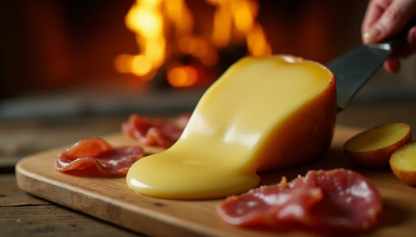 Raclette traditionnelle savoyarde avec Reblochon fondu au feu de bois coulant sur pommes de terre et charcuterie, technique artisanale d'un restaurant authentique en Savoie