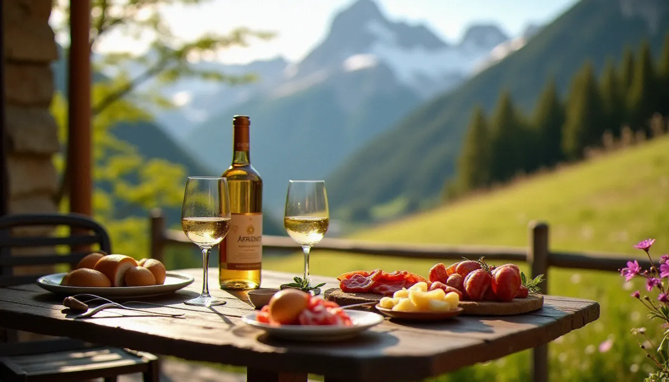 Terrasse estivale d'un bistrot savoyard avec vue sur les Alpes, bouteille d'Apremont et plateau de charcuterie locale, atmosphère conviviale typique des meilleurs restaurants de Savoie en été