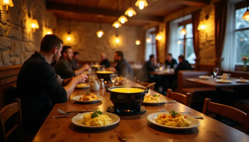 Intérieur chaleureux d'un restaurant savoyard avec fondue au fromage fumante et gratin de crozets sur table en bois, ambiance montagnarde typique illustrant les meilleurs restaurants de Savoie