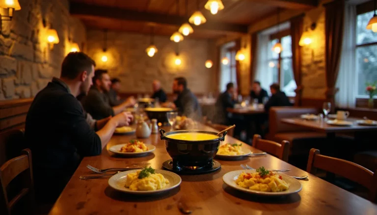Intérieur chaleureux d'un restaurant savoyard avec fondue au fromage fumante et gratin de crozets sur table en bois, ambiance montagnarde typique illustrant les meilleurs restaurants de Savoie