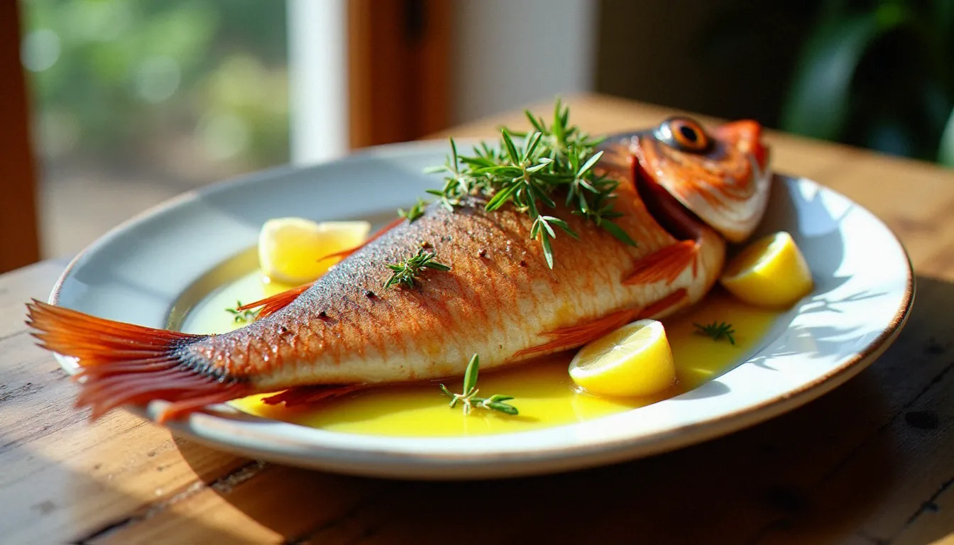 Assiette de rouget barbet grillé à la plancha servi au restaurant Pourquoi Pas, poisson du moment avec garniture méditerranéenne et herbes fraîches