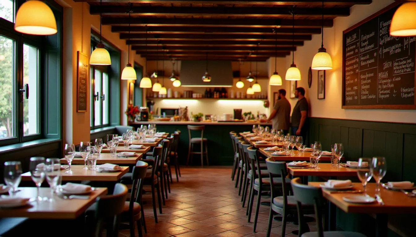 Salle intérieure chaleureuse du restaurant Pourquoi Pas à Cagnes-sur-Mer, tables en bois dressées avec ardoise des plats du jour en fond