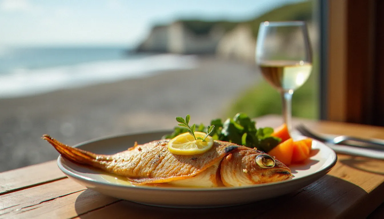 Sole meunière dorée servie avec des légumes de saison et un verre de vin blanc, dans un cadre de restaurant côtier normand donnant sur les falaises de craie