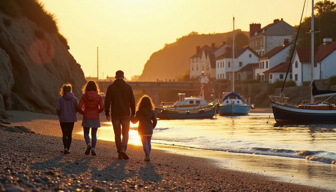 Promenade en famille sur la plage de galets de Criel-sur-Mer au coucher du soleil, avec les falaises de la Côte d'Albâtre en arrière-plan et des barques de pêche colorées dans le port