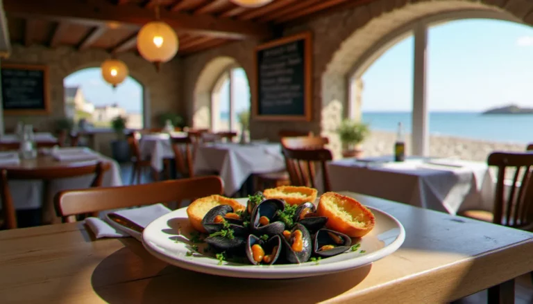 Salle de restaurant chaleureuse en bord de mer à Criel-sur-Mer, avec des murs en pierre, des tables dressées et un plateau de moules fraîches évoquant la cuisine du restaurant Pourquoi Pas
