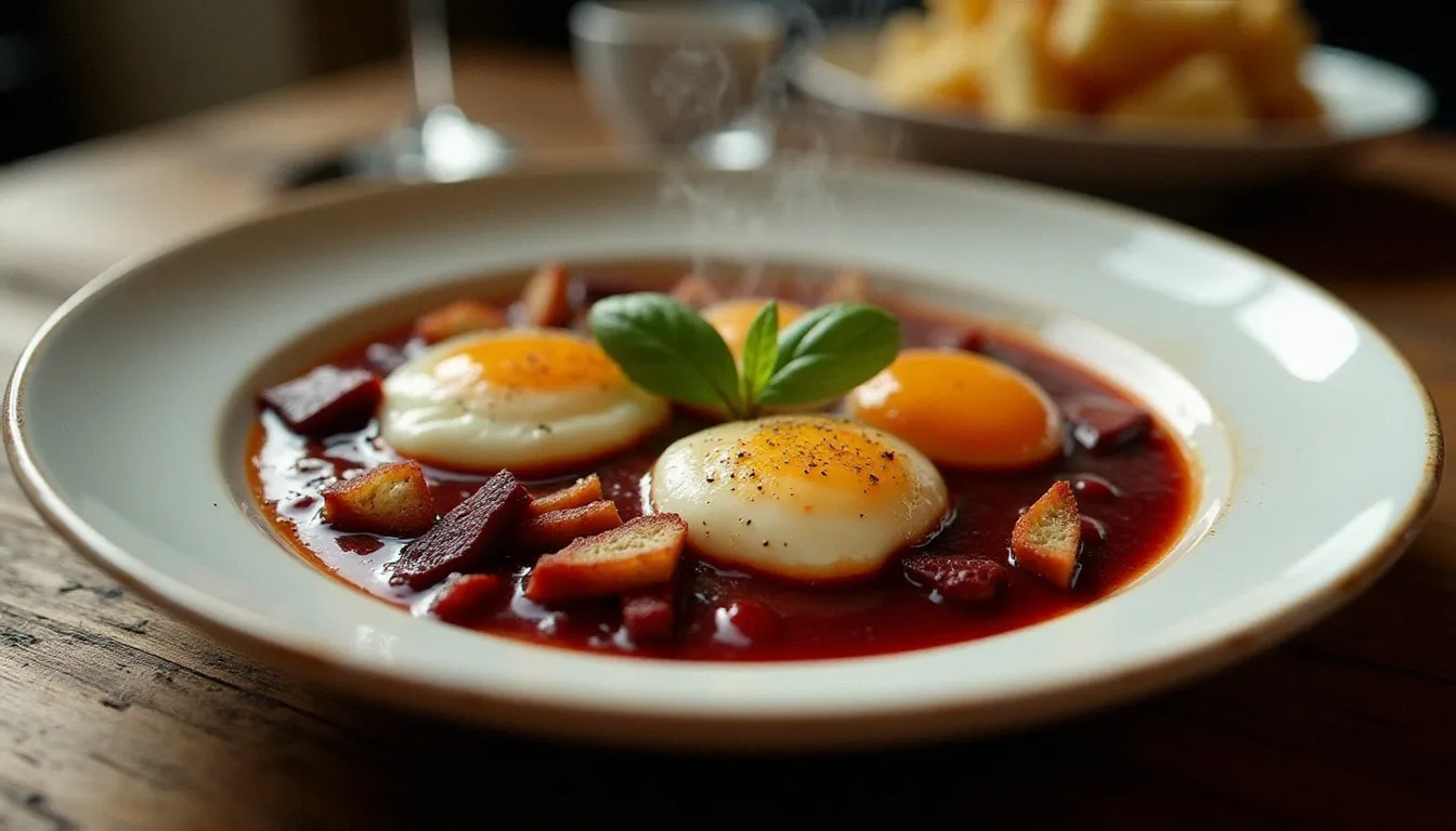 Assiette d'œufs en meurette bourguignons servis dans une sauce au vin rouge, plat emblématique de la cuisine dijonnaise comme au restaurant Pourquoi Pas Dijon