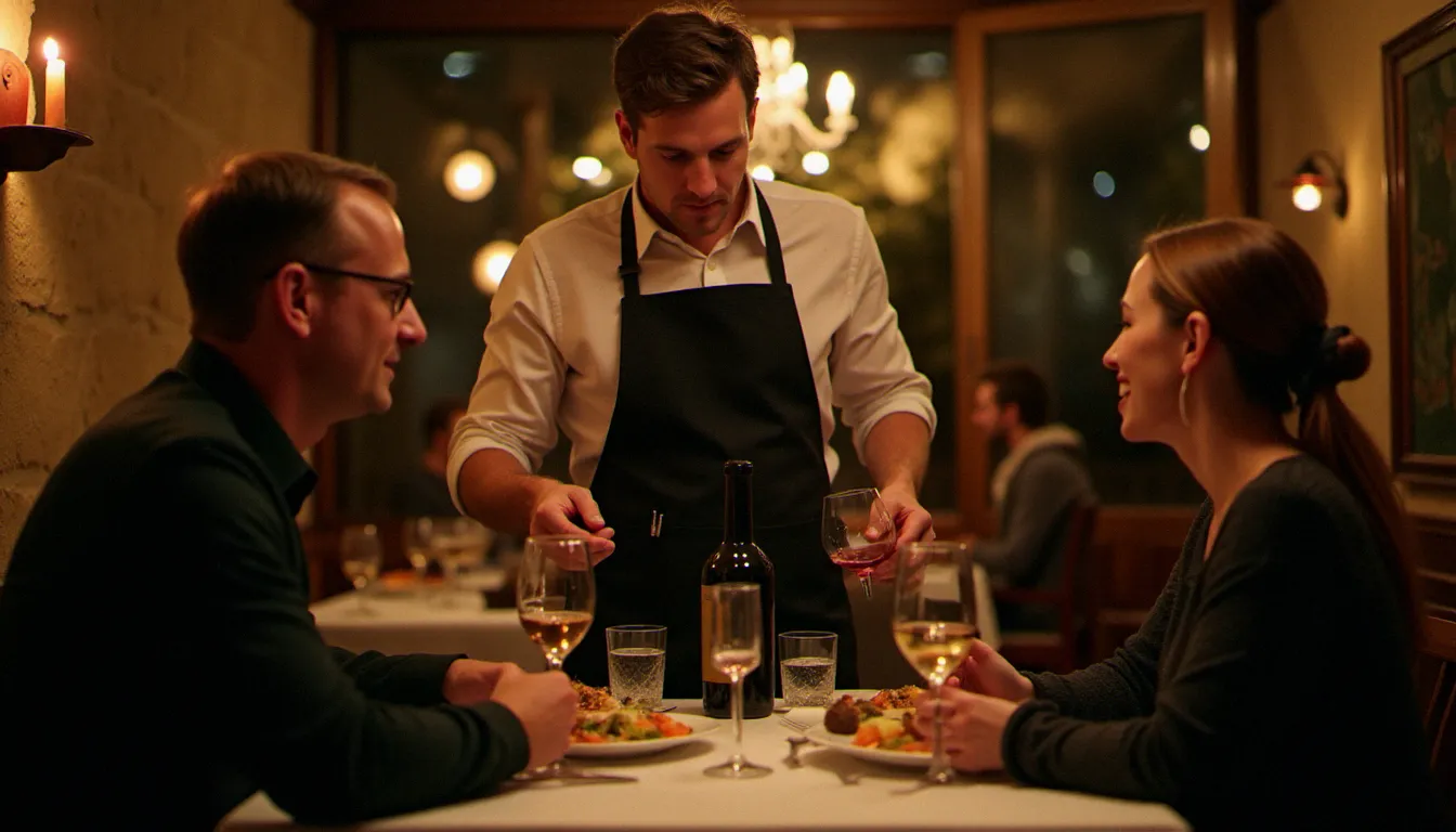 Serveur attentionné prenant une commande dans un bistrot de quartier dijonnais, illustrant l'ambiance chaleureuse et le service convivial du restaurant Pourquoi Pas Dijon