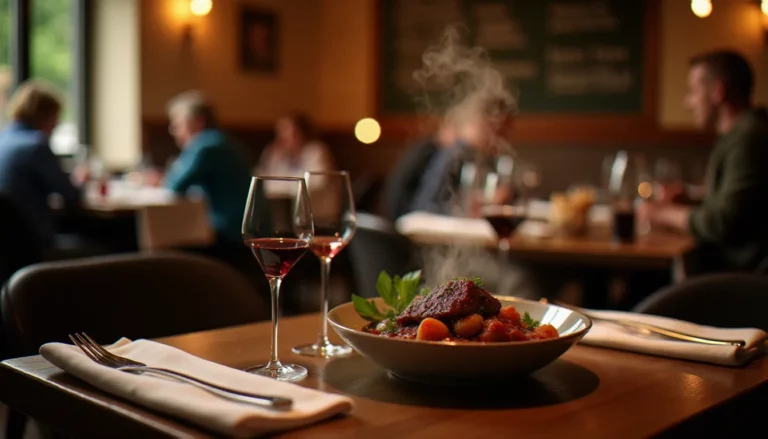 Salle chaleureuse d'un restaurant bistrot à Dijon avec tables en bois, verres à vin et ambiance conviviale typique du restaurant Pourquoi Pas Dijon