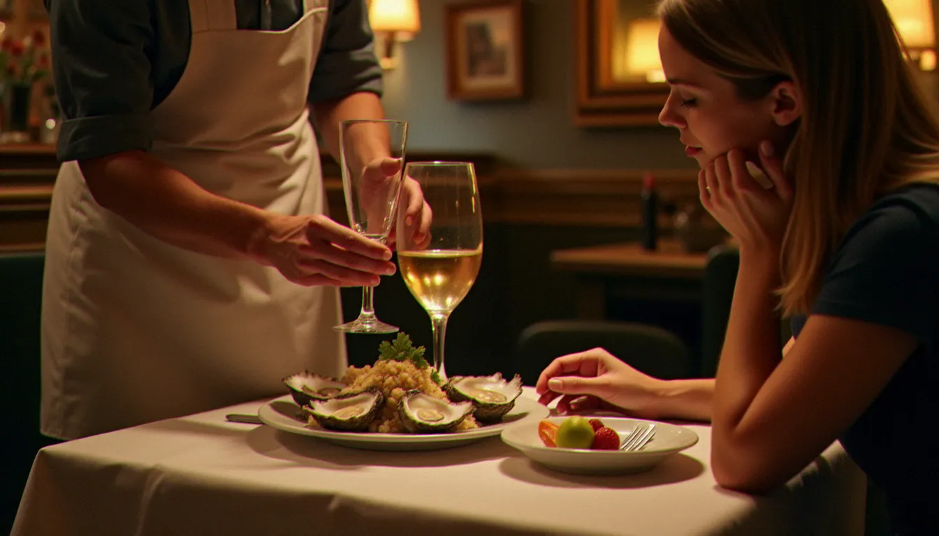 Service d'huîtres de Cancale et muscadet lors d'une soirée au restaurant Pourquoi Pas à Dinard, ambiance conviviale de bistrot breton