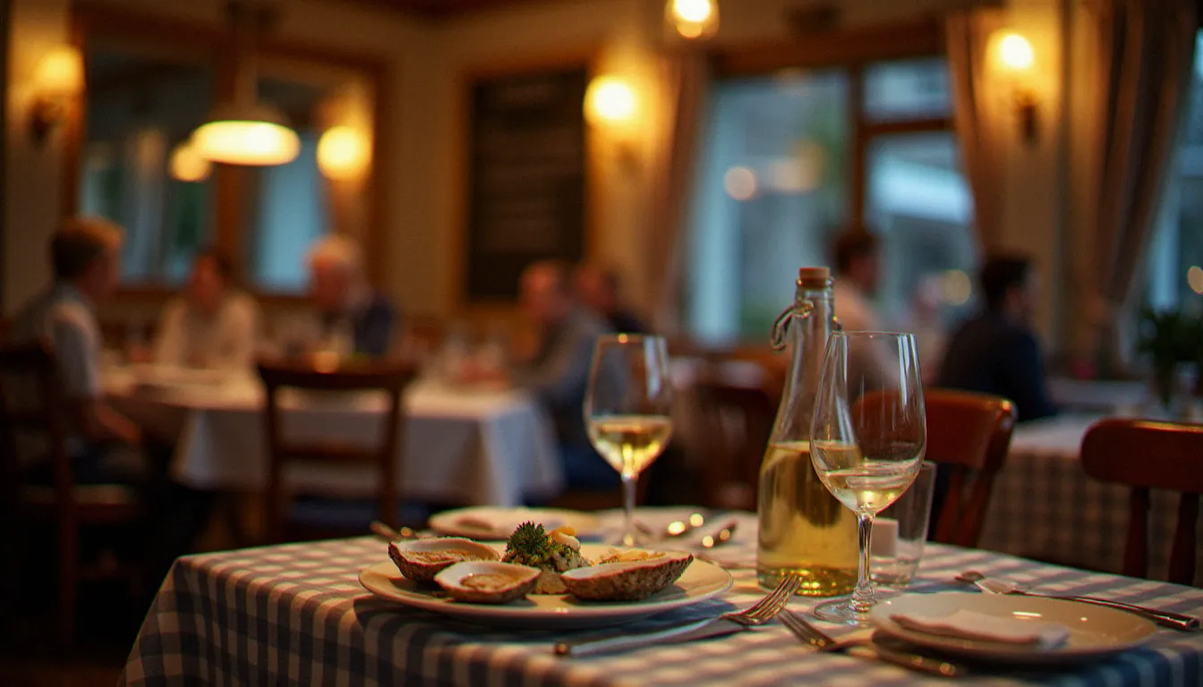 Salle chaleureuse du restaurant Pourquoi Pas à Dinard, avec nappes à carreaux et huîtres fraîches sur la table, ambiance bistrot breton authentique