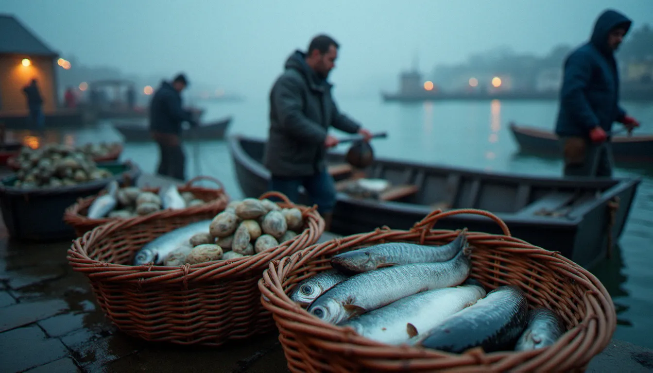 Pêcheur breton déchargeant sa pêche du matin sur le quai près de Dinard, évoquant la fraîcheur des produits locaux que l'on retrouve dans les menus des bistrots de la Côte d'Émeraude