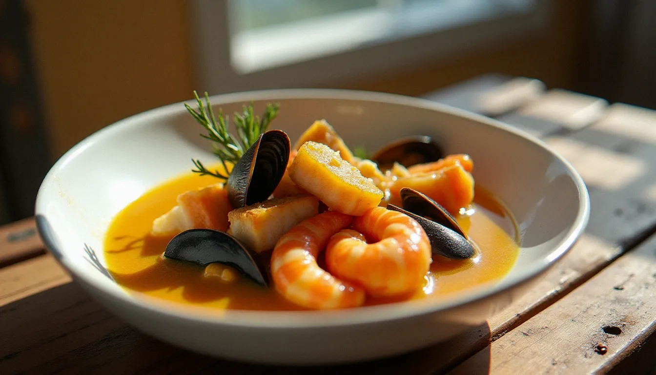 Bouillabaisse traditionnelle servie dans un bol en céramique blanche au restaurant Pourquoi Pas Le Lavandou, bouillon safran et poissons frais